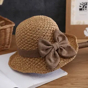 Versatile retro woven handmade straw hat with ruffled bow, elegant French sun hat, foldable, breathable travel beach hat.