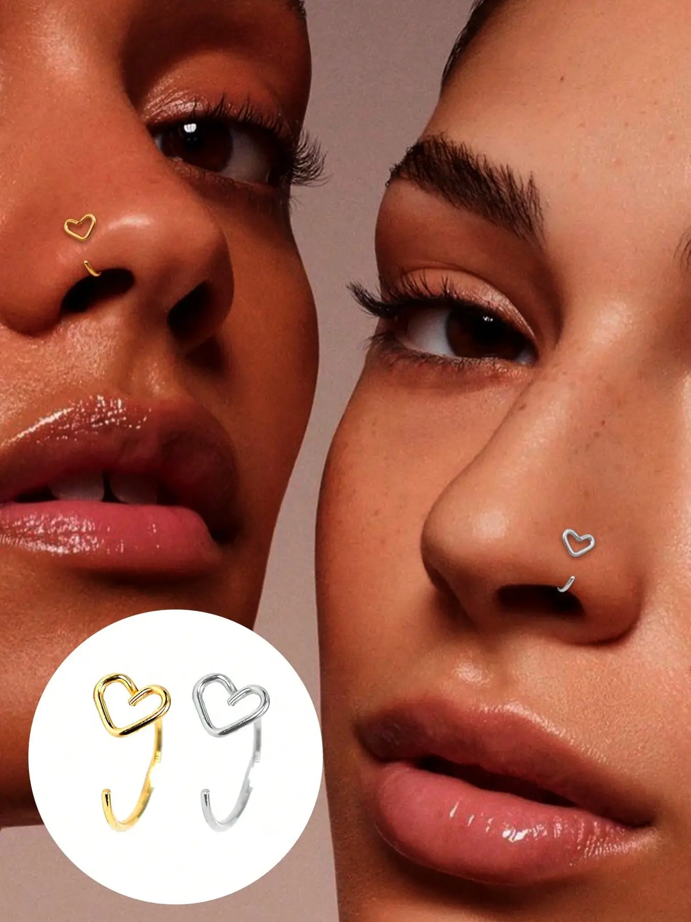 Women's Stainless Steel Heart Design Nose Ring Piercing Body Jewelry Set, Lip and Septum Studs, Simple Elegance, Daily Wear, Nose Rings Set