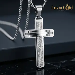 Rugged Men's Cross Necklace - Bold 3D Stainless Steel Pendant with Spanish Lord's Prayer, Waterproof Catholic Faith Jewelry with 24" Venetian Box Chain, Bold Cross Design, Cross Chain Design