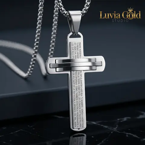 Men's Bold Cross Design Crucifix Necklace - 3D Layered Tarnish-Proof Stainless Steel Engraved Pendant with Christian Message, Waterproof Catholic Jewelry, 24in Venetian Box Chain, Father’s Day Gift, Crucifix Necklaces