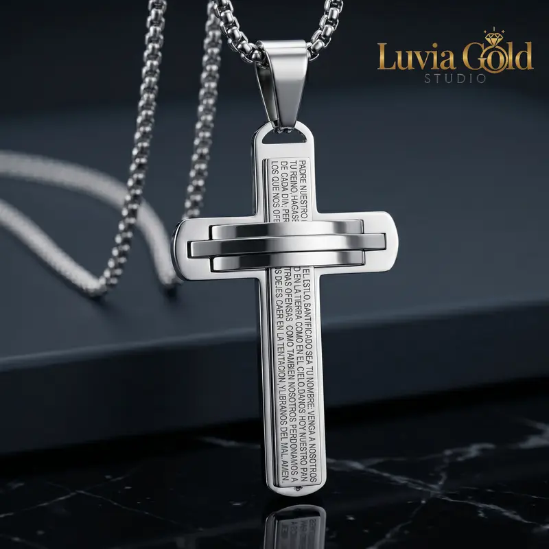 Men's Bold Cross Design Crucifix Necklace - 3D Layered Tarnish-Proof Stainless Steel Engraved Pendant with Christian Message, Waterproof Catholic Jewelry, 24in Venetian Box Chain, Father’s Day Gift, Crucifix Necklaces
