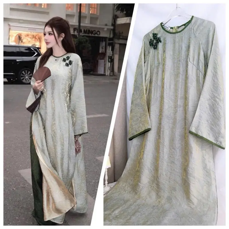 Áo dài xanh Tằm đồng chất 4 tà kèm quần form suông - Vietnamese Traditional dress with pants