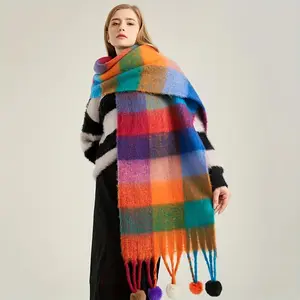 TikTokShopBlackFriday Chunky Rainbow Scarf for Women, SoftImitation Cashmere with Faux Fur Ball Tassels, Thick Coldproof Long Plaid Color Block Wrap, Cozy Winter Accessory for Outdoor Outings and Casual Wear beanies men skull cap unisex knit western Twist