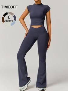 timeoff women's solid crop top & flare leg pants tracksuit set, outfits for yoga gym workout running, ladies sportswear for all seasons, workout sets women, athleisure wear set, workout running clothes
