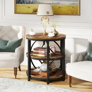 LITTLE TREE Half Round End Table, 3-Tier Narrow Side Table with Metal Frame, Half Moon Table, Industrial Half Circle Accent Table for Living Room, Bedroom, Bathroom, Rustic Brown