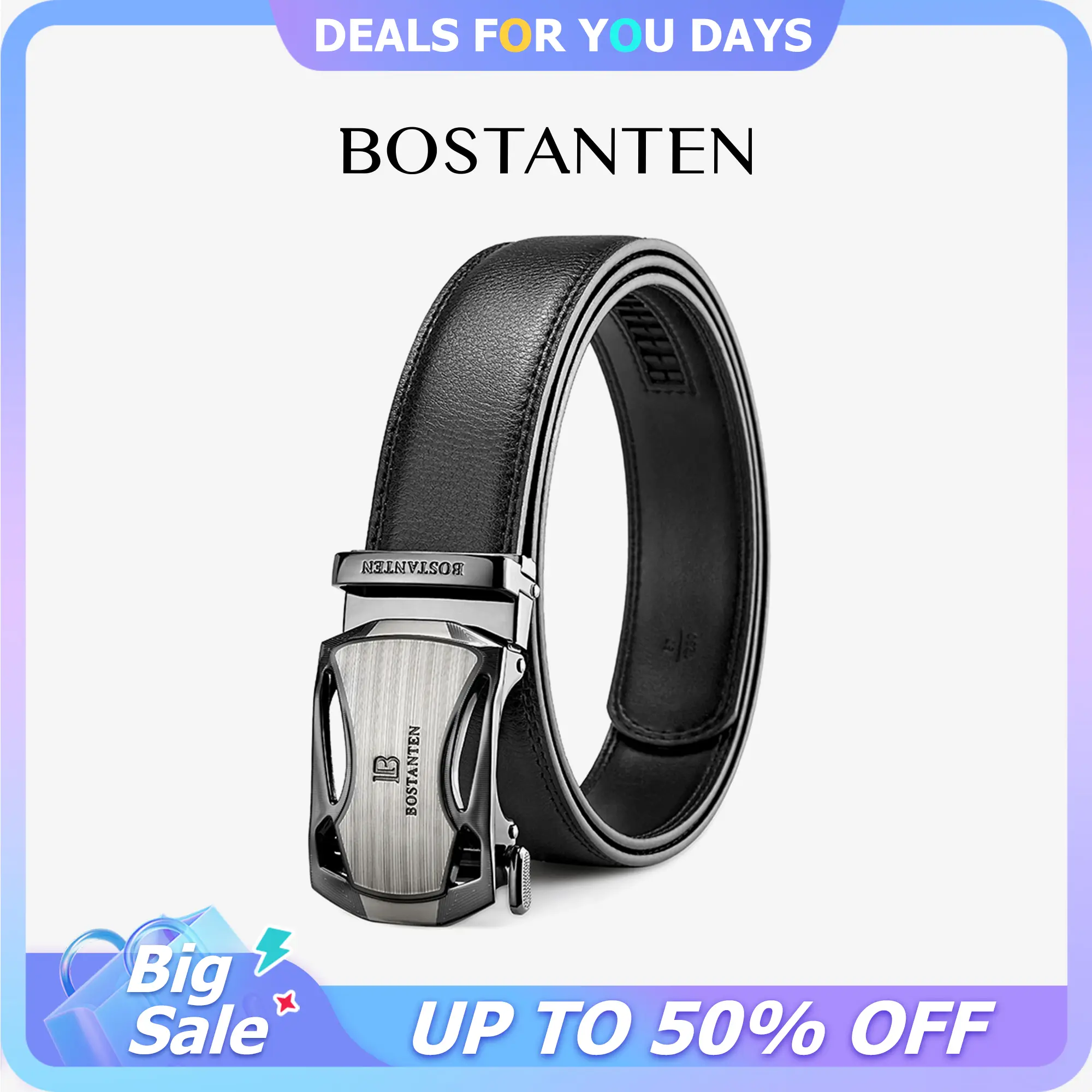 BOSTANTEN Men's Cow Hide Leather Belt - Easy-Release Automatic Buckle, Trim-to-Fit Textured Stretch Band, Fashion Accessory for Dress & Casual Use, Ideal Gift, Belts, Adjustable