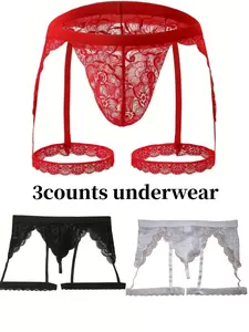 Men's Floral Lace Sheer Brief with Garter Belt, Breathable Comfy Sexy Underwear for Daily Wear, Men's Underwear for All Seasons