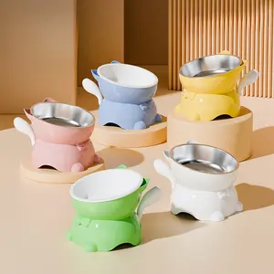 Cat Bowl with Slanted Neck Protection, Detachable Stainless Steel Inner Bowl, Easy to Clean, Elevated Cat Food Bowl