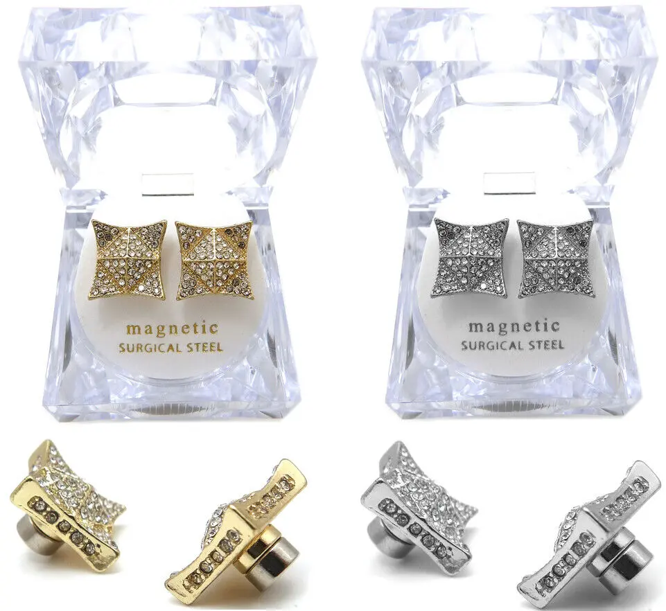 MaxBling81 Unisex Magnetic Stud Earrings, Gold Plated Iced Out Square CZ Non-Pierced Hip-Hop Jewelry, 0.5 Inch, Cubic Zirconia, Adults, Square Shape, 0.5 Inches By 0.5 Inches