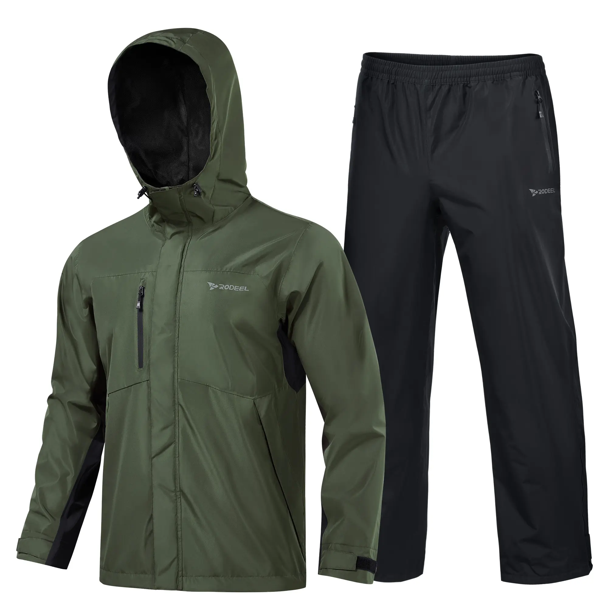 RODEEL 719 Men’s Rainwear Set Waterproof Lightweight Breathable Jacket and Pants Full Zip Hooded Rain Coat Durable Weatherproof Windbreaker for Hiking Camping Fishing Boating Construction Roofing Landscaping Walking