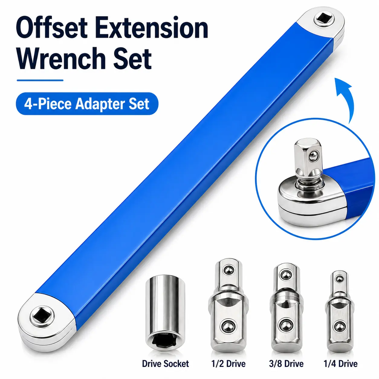 Offset Extension Wrench Set, Tight Reach Ratchet Extender Tool with 1/4, 3/8, 1/2 Drive Adapters for Auto Repair