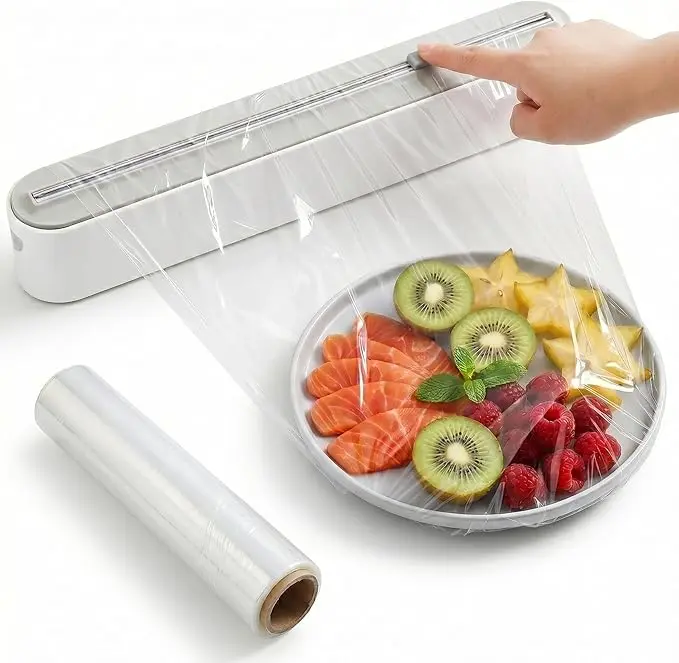 Magnetic Kitchen Plastic Wrap Dispenser with 2-Way Cutter - 100ft Roll Included, Leak-Proof for Leftovers, Abs, Baking, Boosts Kitchen Efficiency, Functional Utensil, Neat Kitchen