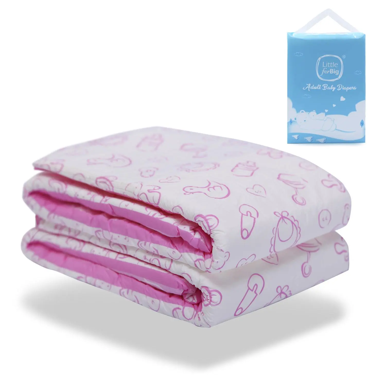LITTLEFORBIG Adult Diaper Briefs with High Absorption, Overnight Protection and Nursery Print Contouring, 2 Pieces - Nursery Pink, Plastic, Solid, 2 Piece Sets, Secure, Measure Size, Baby-Printed Contouring, Contouring Diapers