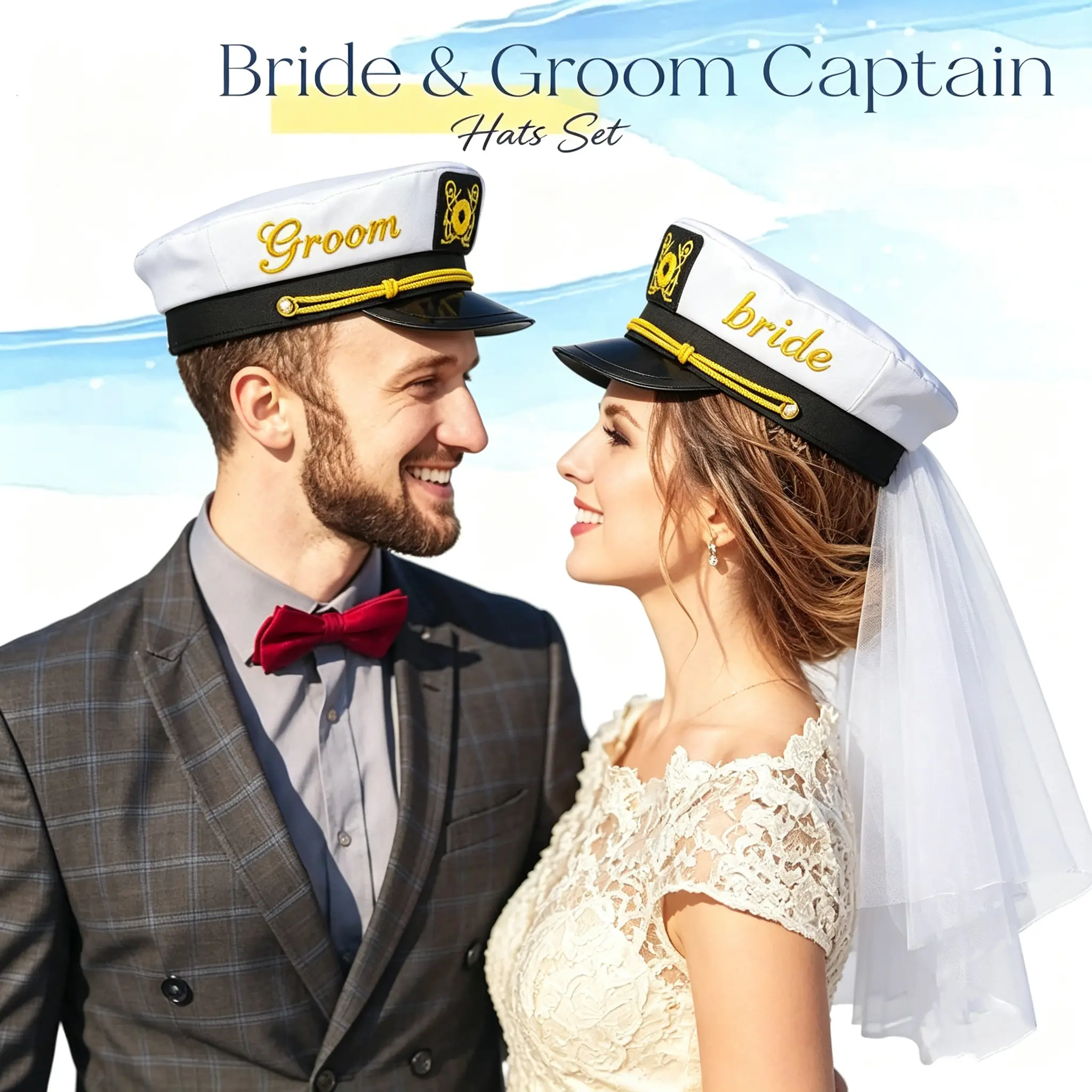 2 Pcs Groom Bride Captain Hat with Veil Bachelor Party Hat Captain Hats Set - Bride Gift Perfect for Wedding Day Fun and Photos - Ideal for Couples Celebrating Their Special Day