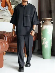 【Plus Size】Men's Solid Color Plain Top & Pants Set, Regular Fit Casual Half Sleeve Top & Trousers, Men's Clothes for Summer, Menswear