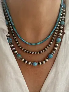 3PCS/set Vintage Niche Navajo Jewelry Necklace Pendant Design Female Turquoise Multi-layer Three-piece Set Necklace Promisebeach Summer Holiday  Party