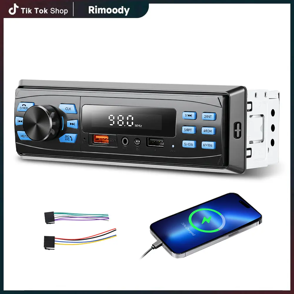 Rimoody Single Din Car Stereo A1900IC - DC 12V-14.4V Aftermarket Bluetooth In-Dash Radio, MP3 Player with USB/TF Media Card Reader/AUX-IN, 522~1620kHz & 87.5~108MHz FM Receiver, Subwoofer Compatibility, Preset Storage, Horn Cable, Father's Day Gift, Multi