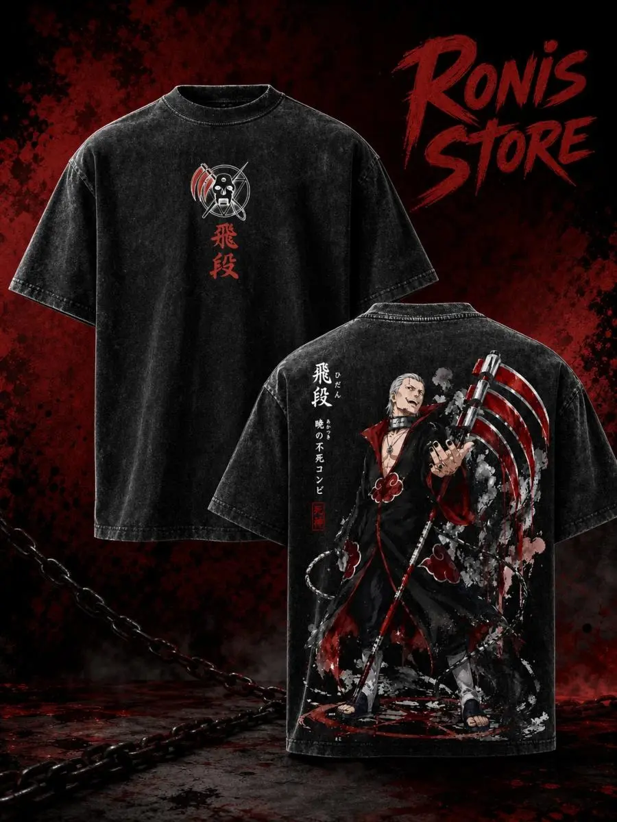 Menswear Oversized Heavyweight Cotton Shortleeve Naruto Hidan Acid Wash T-Shirt - Akatsuki Triple-Bladed Scythe, Red Kanji Print, Japanese Art, Vintage Goth Grunge Streetwear, Unisex Multi-Size Top, Shortsleeve, Graphic T Shirts
