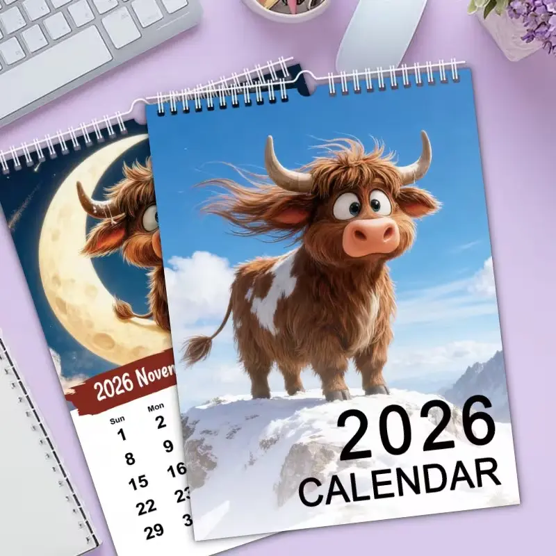 2027 Funny Monthly Wall Calendar, Cute Highland Cow Design, Perfect for Pastoral Decoration, Happy Calendar Gift, Ideal for Home & Office Decor, Latest Calendar Gift
