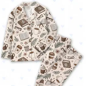 Women’s Beige Coffee And Books Reading Lover Girly Bookish Print Short Sleeve Satin Pajama Set, Long Sleeve Satin Pajama Set