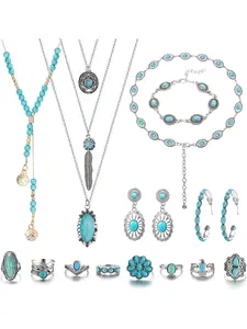 Bohemian Turquoise Jewelry for Women Men Western Set Adjustable Belt Rings and Necklace Vintage Drop Earrings Bracelet Boho Turquoise Jewelry for Women