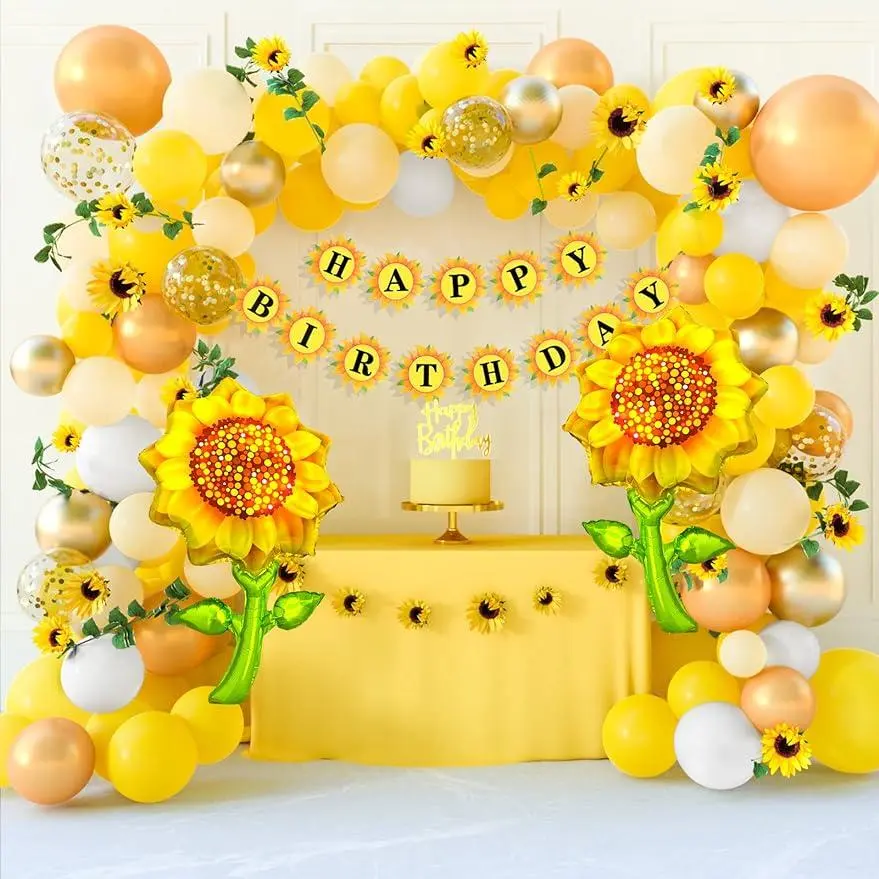 146-Pack Colorful Sunflower Party Supplies Kit with Garland - Foil+Latex Mix Balloons, Rubber Banner, Yellow Arch, Vine, Heads, Table Covers, Cake Toppers - Easy Assembly Sunflower DIY Decor for Baby Shower, Wedding
