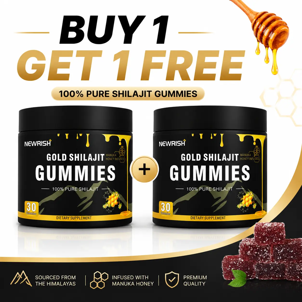 【Buy 1 Get 1 Free】Newrish Pure Shilajit Gummies-Organic ManukaHoney-Boosts Energy and Stamina-Men'sSupplement-Sports and Fitness-30 Gummies 100% Natural