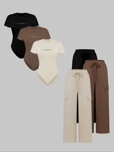 6-Piece Women's Knit Letter Print Jumpsuit Set, Outfit, Stylish Minimalist Casual Fitted Tee and Drawstring Adjustable Long Pants, Ideal for Everyday Wear, Womenswear