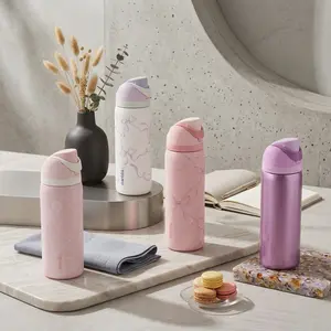 Owala FreeSip Insulated Stainless Steel Water Bottle Model Leak Proof Built In Straw Free Double Wall Cute Pastel Bow Design Travel Tumbler Gift for Her