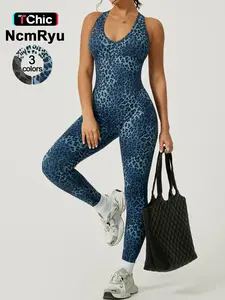 Women's Sporty Leopard Print Jumpsuit, Workout Jumpsuit, Sportswear Jumpsuits, High Elasticity Back Cross Strap, Breathable Yoga Pants, Gym Training Golf Tennis Wear