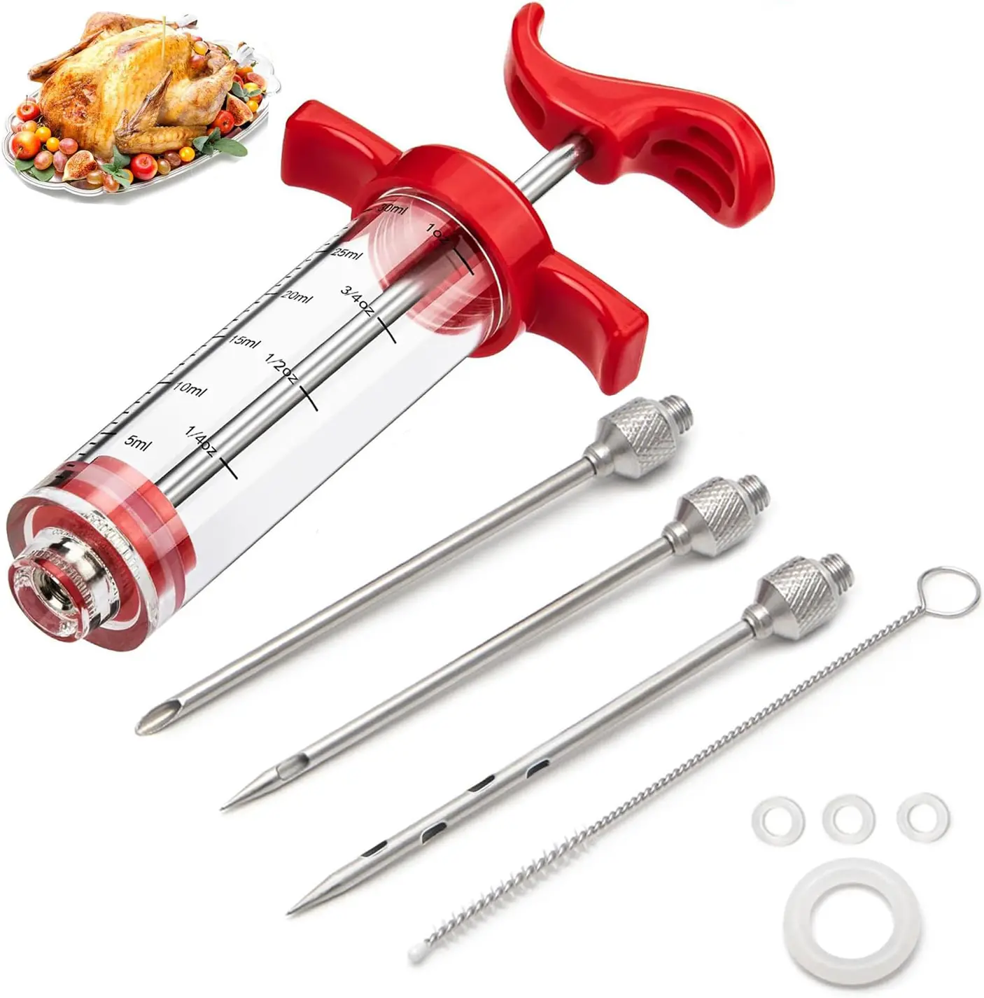 Portable Lightweight Thanksgiving Turkey Marinade Injector Kit - 1-oz Plastic Meat Injector Syringe Utensils for BBQ & Roasts, 3 Stainless Steel Needles, 3 O-Rings & Cleaning Brush