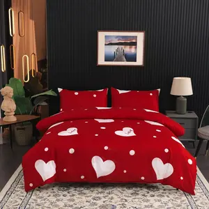 3-piece duvet set with red bedding, white heart print, soft and comfortable polyester material, suitable for bedrooms, guest rooms, and school dormitories, including 1 duvet cover and 2 pillowcases, Soft Bedding Sets