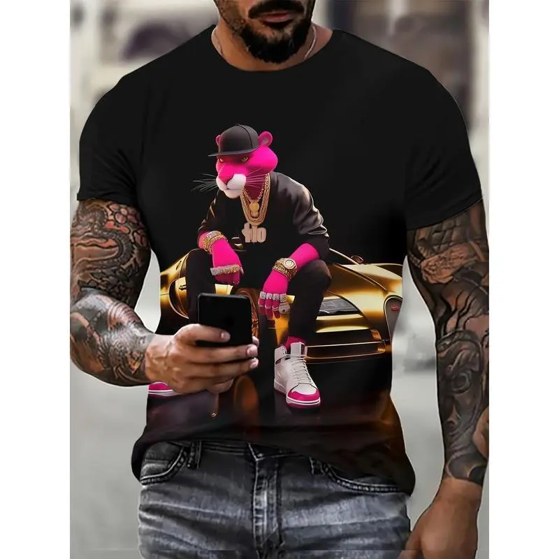 FEEGO Men's Shortleeve Menswear 3D Digital Print Hip-Hop T-Shirt - Pink Panther Design, Breathable Cotton Knitted Casual Regular Fit, Machine Washable, Sporty Unisex Summer Tee for Travel, Dates, Shortsleeve