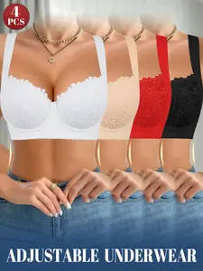 4-Piece Set Women's Solid-Color Floral Lace-Trimmed Underwire Bras, Sexy Lingerie, Soft Comfy Bra, Comfortable Breathable Adjustable Spaghetti Straps with Scalloped Edge Push-Up Bra Tops, Suitable for Everyday Wear Women's All-Season Underwear