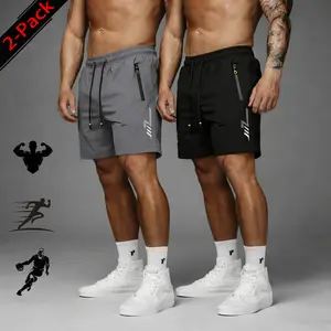 2-pack ice silk quick-dry shorts; men’s casual breathable shorts; men’s lightning print quick-dry shorts. Features an elastic waistband and drawstring design, zippered pockets, and a second-skin feel suitable for various sports activities.