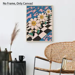 Flower Pattern Smily Face Print Unframed Painting, 1 Count Modern Canvas Wall Art, Wall Decor for Home Living Room Bedroom Study Room, Modern Home Decoration