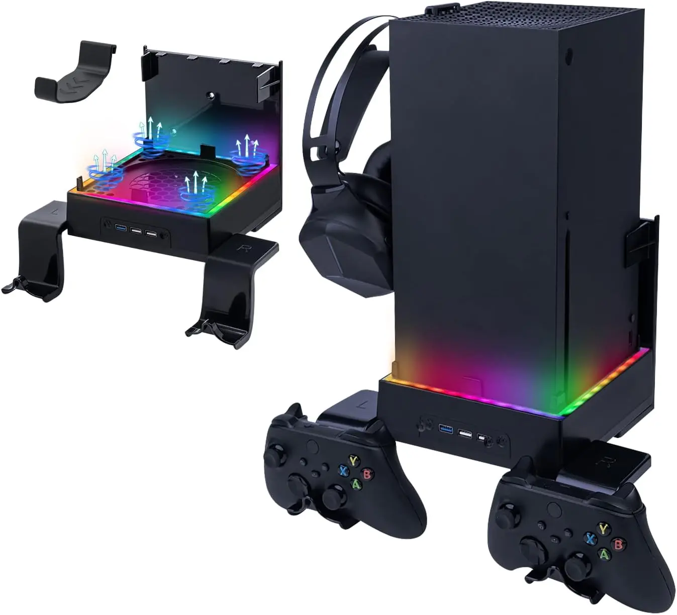 Mcbazel 4-in-1 Adjustable ABS Plastic Cooling Stand for Xbox Series X - Low Noise 3-Speed RGB Dual Fans, 3 USB 3.0 Ports, Controller Holder, Headset Mounts, USB Powered Black Gaming Console Accessory, Accessories, Keeps Console Cool, Includes Hooks, Gamer