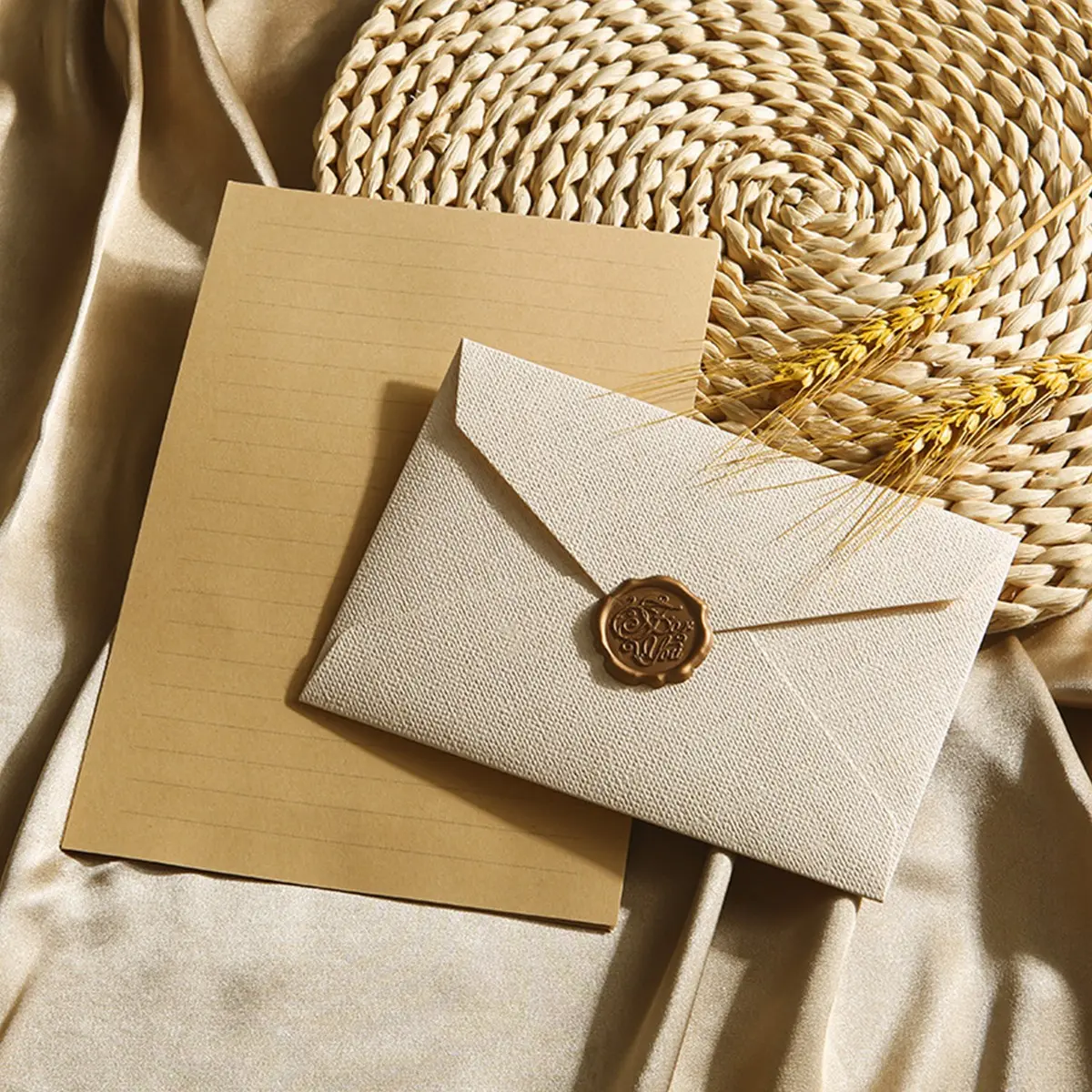 22pcs Linen Envelope Set, Stationery Office Supplies, Vintage Leather Color Striped Writing Paper, Handwritten Love Letters, Includes 12 Sheets + 5 Envelopes + 5 Wax Seals, Stationery Sets
