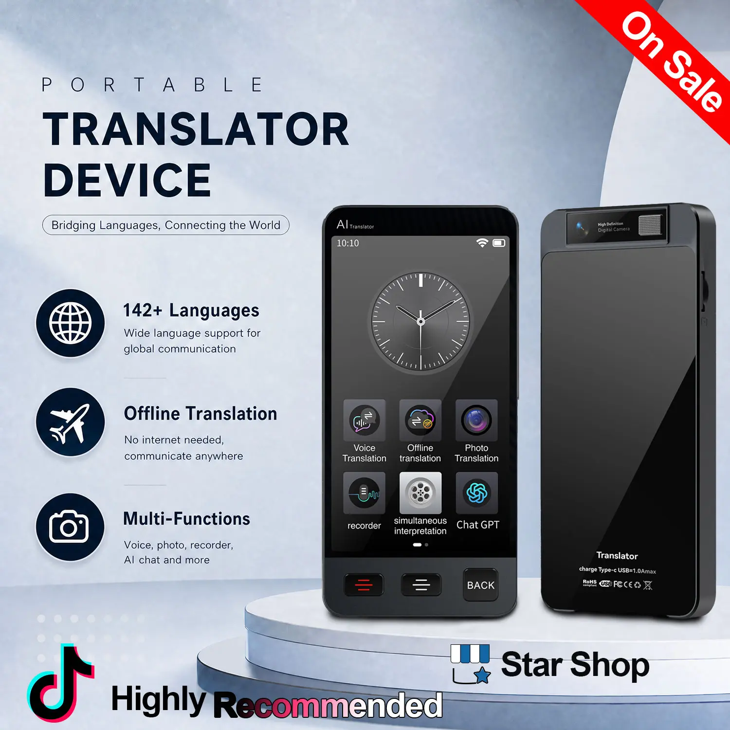 [TryTalk] Mini Digital Portable Translator Device with Batteries - AI Real-Time Voice & Photo Translator (142 Online & 19 Offline Languages) for Language Learning, Travel & Business (Digital Products Category) Smart Translation Pen