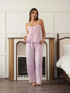 Women's Striped Plaid Sleepwear Set, Button Front Halter Top and Long Pants, Casual Fashion Pajamas, Comfortable Home Wear, Loungewear, Pjs