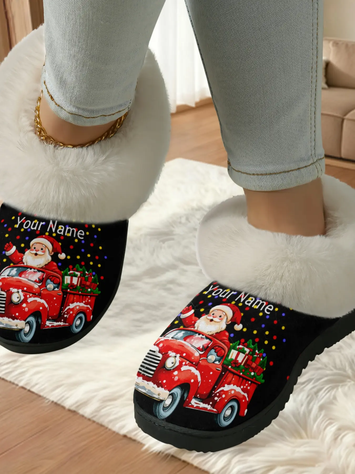 Custom Christmas Truck Printed Cotton Slippers, Festive Plush Lined Anti-Slip Thick Sole, Home Warm Shoes for Men and Women Fall Winter