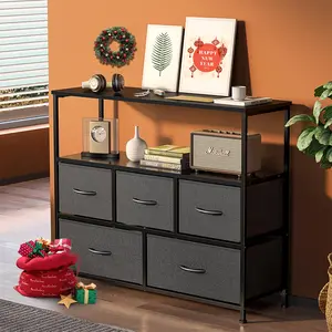 Dresser TV Stand, Entertainment Center with 5 Fabric Drawers, Media Console Table for TV with Open Storage Shelf Dresser for Bedroom/Living Room
