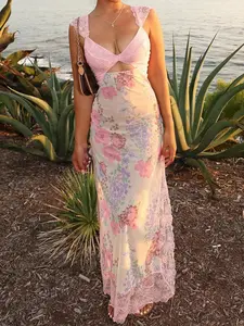 Women's Floral Patchwork Print Lace Trim Dress, Summer Clothes Women, Boho Aesthetic Fashion Long Dress for Beach Holiday Vacation, Ladies Dress for Summer