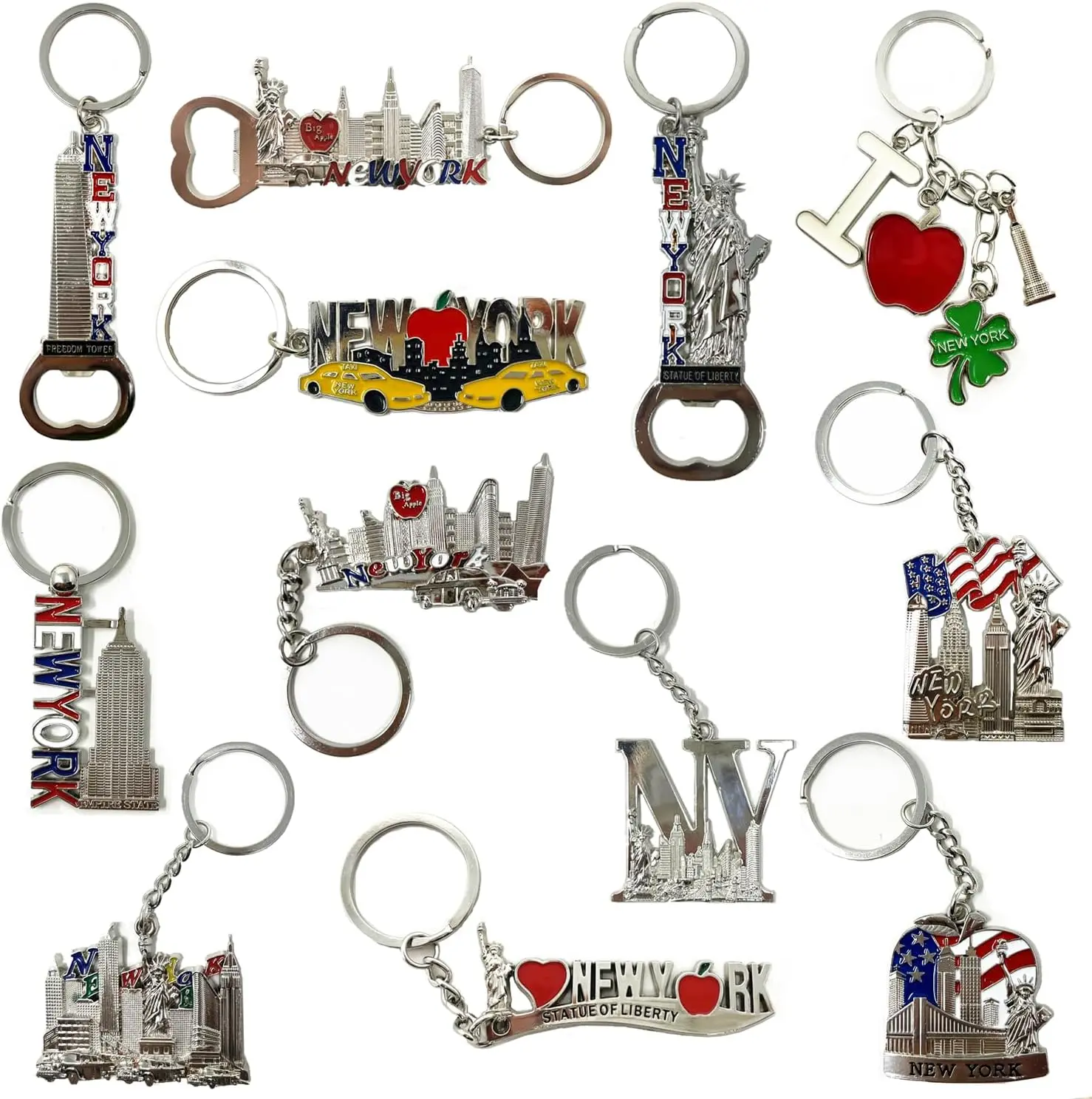 12 Pack Silver NYC Souvenir Collection New York Metal Keychain Ring Bundle Bulk Includes Empire State, Freedom Tower, Statue Of Liberty, USA Flag,NY Cab, Apple, 3 Pc Bottle Opener too And MoreGift.