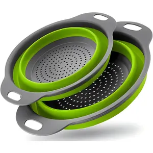 Kitchen Utensils 2-Piece Compact Collapsible Silicone Colander Set, Travel-Friendly Strainer for Draining Pasta and Vegetables, Blue and Green Sieves for Kitchen Use, Two Piece Set