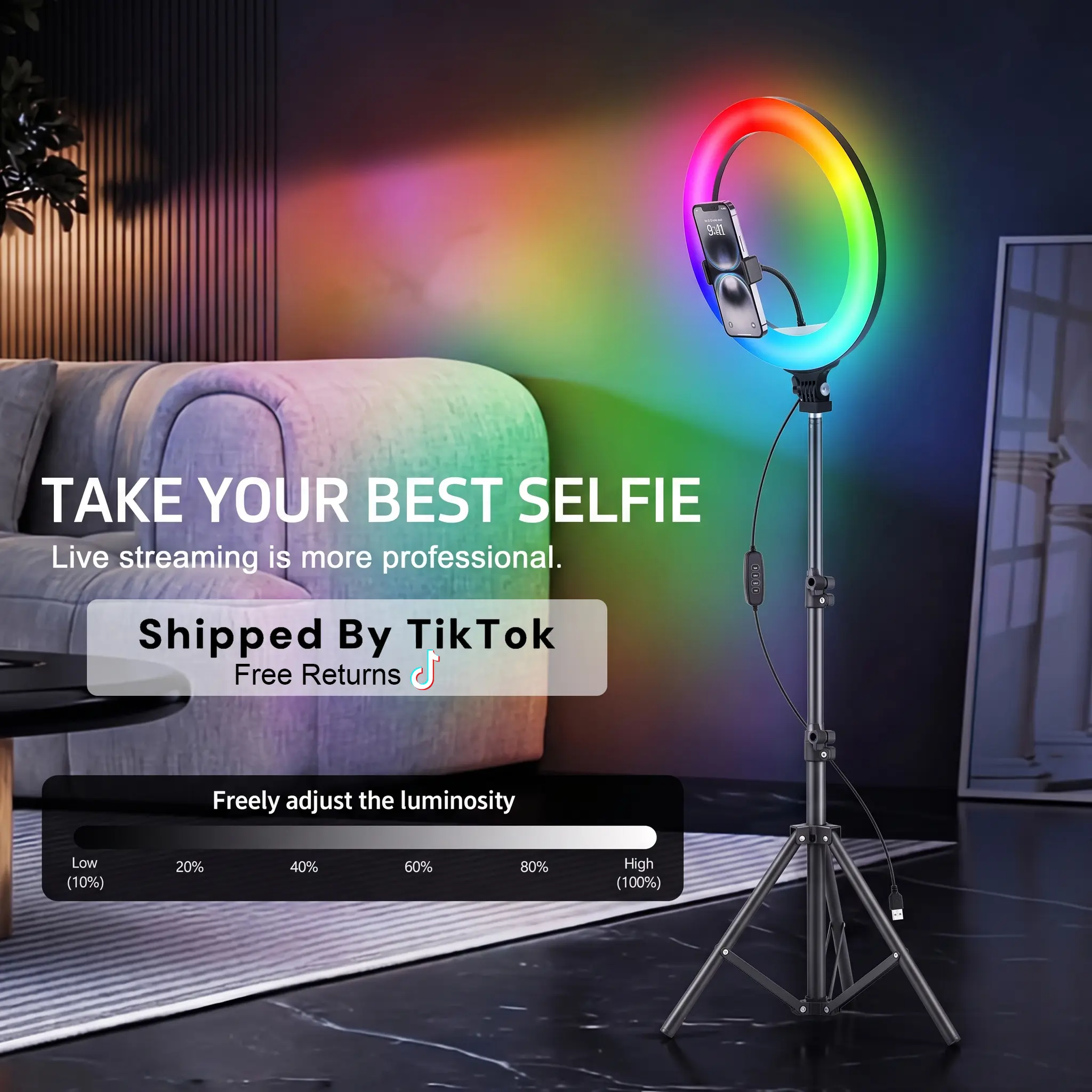 【Flash Sale】12" RGB portable video light with 43.3" Tripod Stand & 2 Phone Holder, LED Ring lights with Multiple RGB Colors Modes and 3 Brightness Dimmable for Makeup/Photography/Videos/Vlog/TikTok ring light glow content#ring light shade
