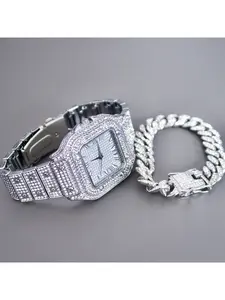 silvery,golden,Rose golden Watch with Gift Boxes, Adjusters,Cuban Bracelet,Square Dial Quartz Wristband Wrist Watch - Perfect for Men, Women, Friends, Lovers, and Parents - Ideal for Parties and Christmas Gifts