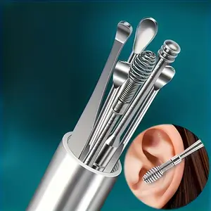 7-piece Stainless Steel Ear Cleaning Tool Set, Portable and Durable Ear Spoon with Keychain, Easy to Carry, Includes Spiral and Spring Heads, Safe and Hygienic Ear Care Accessories, Ear Cleaning Tools