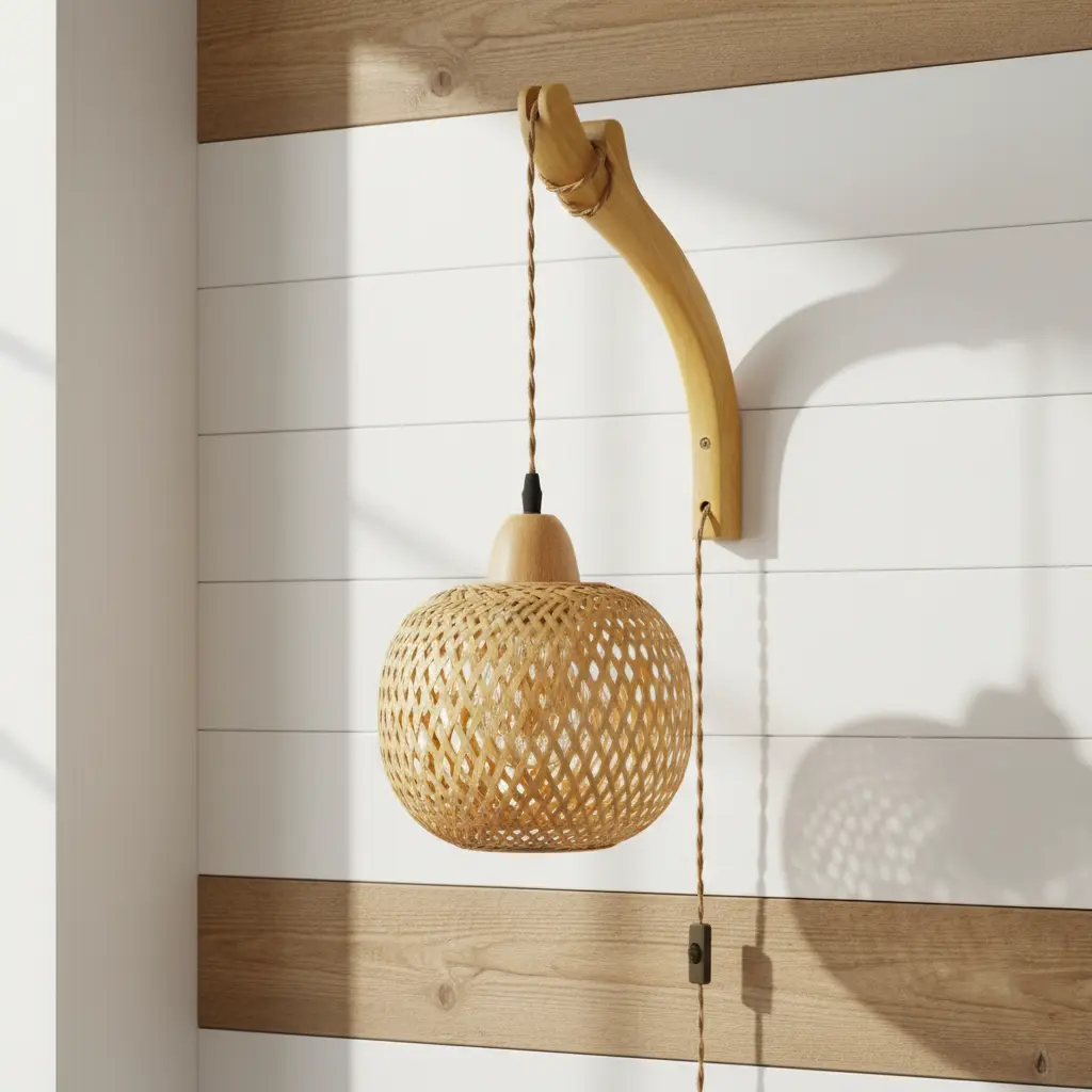 kyoeon Plug-in Bamboo Wall Lamp - Home Improvement Indoor Wall Lighting, Easy Hanging, No Electrician Needed, Budget-Friendly Boho Bedroom Upgrade, Cozy Vibes, Shadow Effect, Indoor Use