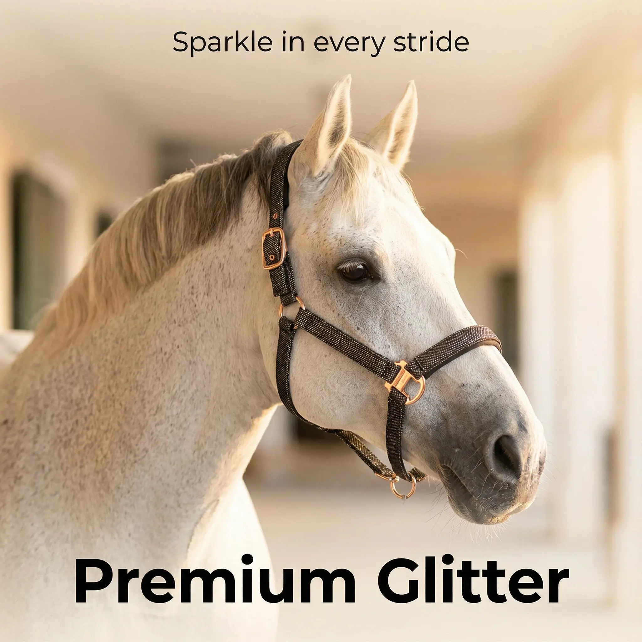 Glittery Rose Gold and Black Horse Headcollar, Horse Halter, Crafted with high-quality materials, this halter is suitable for everyday use and can withstand the wear and tear of outdoor activities.